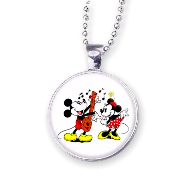 Vintage Jewelry - Disney Mickey Mouse Silver Glass Dome Pendant Necklace Cabochon Necklace